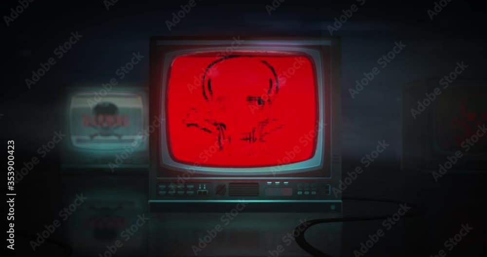 Poster virus skull symbol flickers on an old monitor in gloomy room. cyber ​​security hacker scene. static 