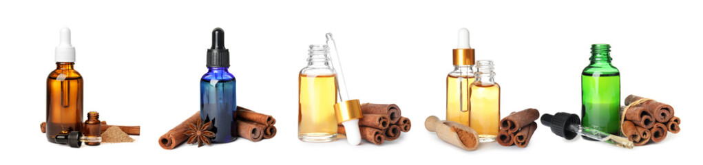 Set with cinnamon oil, sticks and powder on white background. Banner design