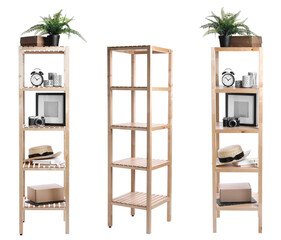 Set with wooden shelving units and different items on white background
