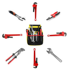 Set with bag and different plumber's tools on white background