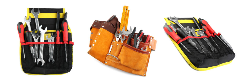 Set of bags with plumber's tools on white background. Banner design