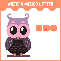 Write a missed letter. Game for kids. Cute color owl sitting on a branch. Vector flat cartoon illustration.