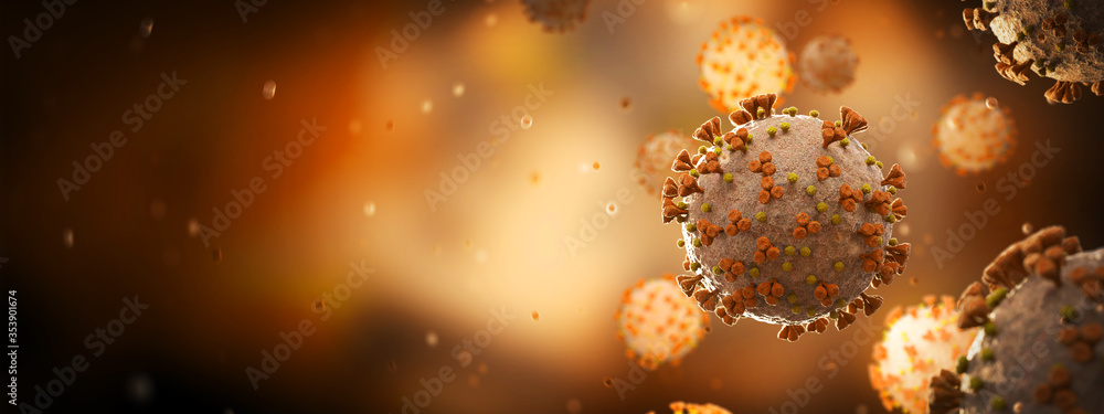 Poster microscopic close-up of the covid-19 disease. coronavirus illness spreading in body cell. 2019-ncov 