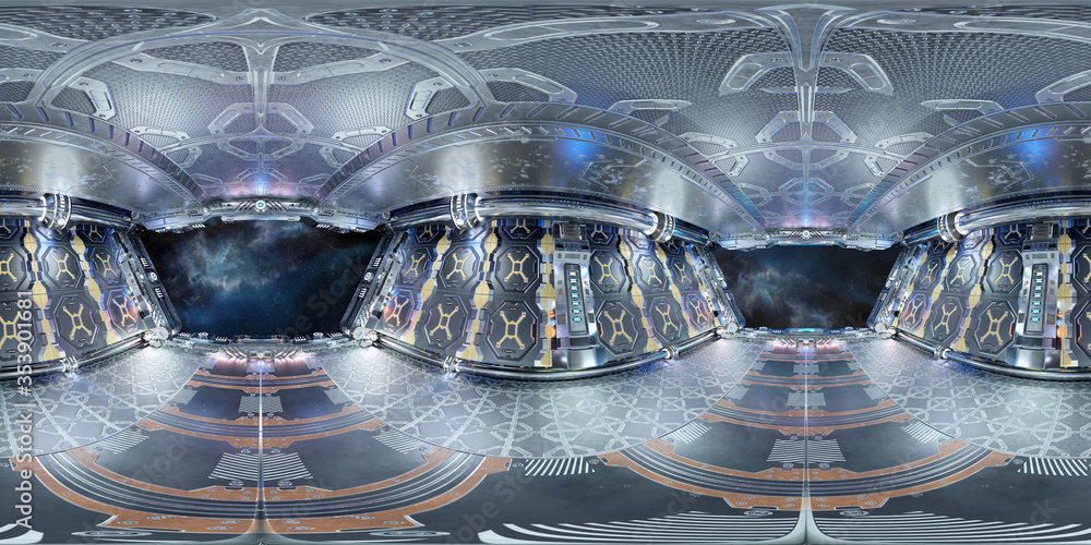 Aufkleber High resolution HDRI panoramic view of a spaceship interior. 360 panorama reflection mapping of a futuristic spacecraft room 3D rendering