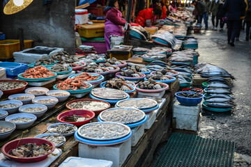 Fresh seafood market background, Busan, South Korea
