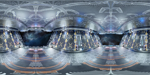 High resolution HDRI panoramic view of a spaceship interior. 360 panorama reflection mapping of a futuristic spacecraft room 3D rendering
