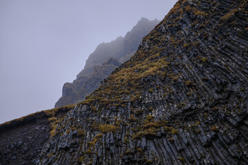 Moss and lichen covered basalt rocks on the black sand beaches of Vik Iceland