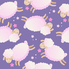 Seamless vector pattern with cute sheep and stars. Good night childish background. Sweet dreams illustration.