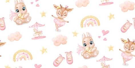 Obraz premium Watercolor pattern with cute baby animals for girls. deer, rabbit, rainbow, carousel, clouds, baby clothing. Texture for wallpaper, packaging, scrapbooking, textiles, fabrics, children's clothing