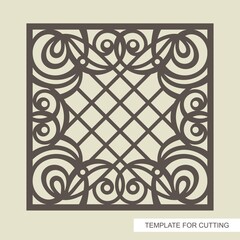 Square frame with a beautiful openwork pattern and a lattice in the center. Template for laser cutting (cnc), wood carving, paper cut or printing. Vector illustration.