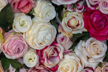 close up of red, pink and white colored silk roses