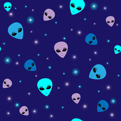 Fototapeta premium Seamless pattern with aliens. UFO humanoids endless backdrop on a dark blue background.