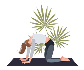 Vector illustration with woman in yoga pose. Can be used as print, postcard, invitation, book, web, or magazine illustration, sticker, packaging design and so on.