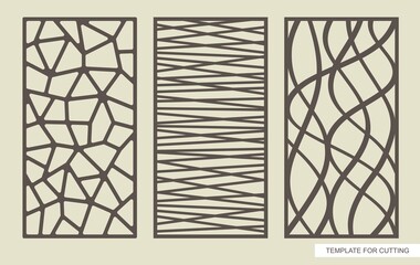 Set of rectangular panels with an abstract geometric pattern of straight and wavy lines. Template for plotter laser cutting (cnc), wood carving, metal engraving, paper cut. Vector illustration. 