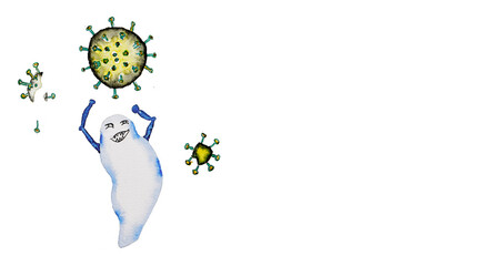 Weißes Blutkörperchen fängt, frisst und spaletet Corona Virus als Abwehr gegen Covid-19, menschliches Immunsystem illustration