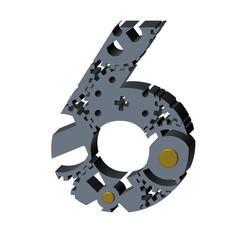 3D NUMBER MADE OF SILVER IRON GEARS : 6 SIX