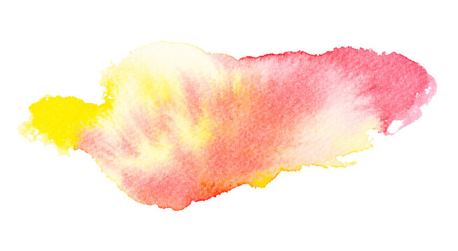 Abstract Pink And Yellow Watercolor Spot Isolated On White Background. Colorful Aquarelle Splash On Paper, Liquid Splatter Of Paint
