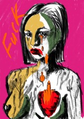 Pop art. Young women nude portrait crying . Orange tears in shape of middle finger. Fuck lettering on pink background. 