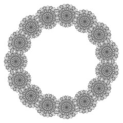 White round frame with lace ornament  on white background. Art deco. Luxury mandala, hand draw design. Ethnic motif. Abstract vector illustration. Holiday template design for invitation, poster, card.