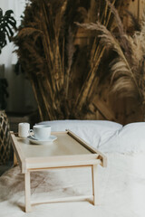 coffee in bed, cozy hotel room. concept