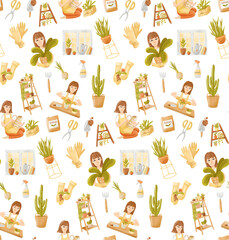 watercolor Seamless Pattern with Gardening woman Planting and Caring of Trees and Plants in Garden on White Background.