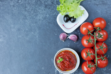 Tomato sauce-ketchup in a bowl with spices, herbs and fresh cherry tomatoes on a branch, on a dark graphite background. The view from the top.