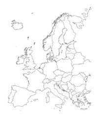 Map of Europe, black and white detailed outlines of countries.. Vector illustration