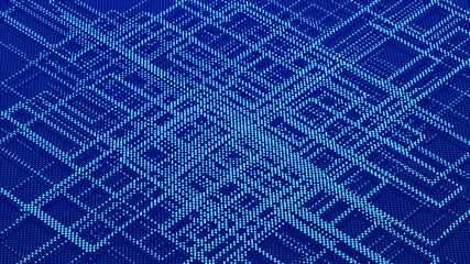 Abstract matrix. Gradient halftone. Many green dots of different sizes on dark background. 3d