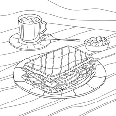 Tasty food hand drawn illustration on white isoalted background. Sandwich with salad, meat, cheese, cup of coffee, sugar on wooden table. Suitable for coloring book pages, menu, poster.