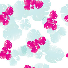seamless pattern with tropical leaves in pink and blue colors