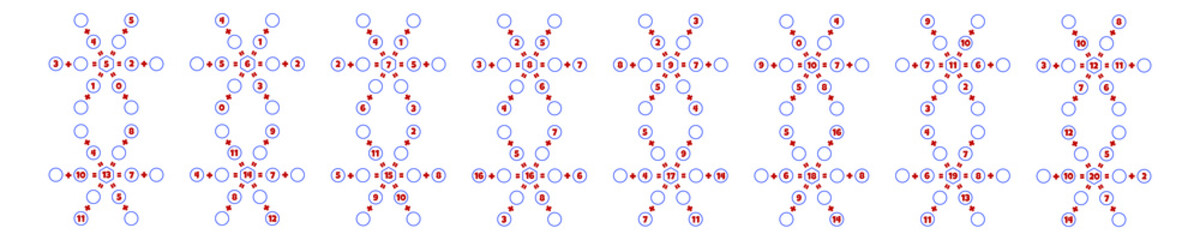 Set of solve the task. Mathematical puzzle game. Worksheet. Learning mathematics. Tasks for addition for preschool children.