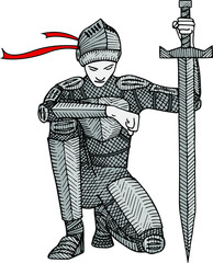 Engraving ink drawn kneeling knight vector illustration. Etching style warrior in medieval armor and sword. 
