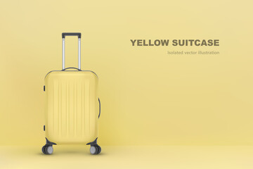 Realistic plastic suitcase. Red travel bag isolated on white background. Traveling banner template. Vector Illustration