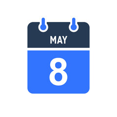 May 8 Calendar Date Icon, Event Date Icon, Calendar Date, Icon Design Vector Graphic
