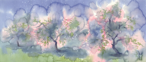 Flowering sunny garden in spring watercolor background