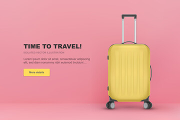 Realistic plastic suitcase. Red travel bag isolated on white background. Traveling banner template. Vector Illustration