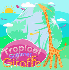 Tropical summer giraffe with birds. Vector illustration. - 353909068