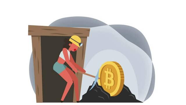 Stick Figure Color Pictogram Woman Girl Character Bitcoin Mining Cartoon Animation