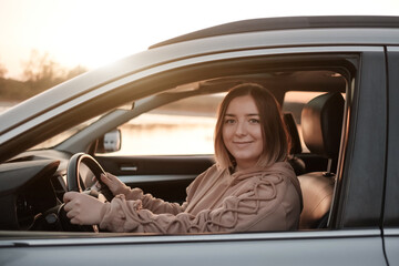 One Beautiful Girl Travel with a Car and Enjoy Ride, Weekend and Adventure Concept