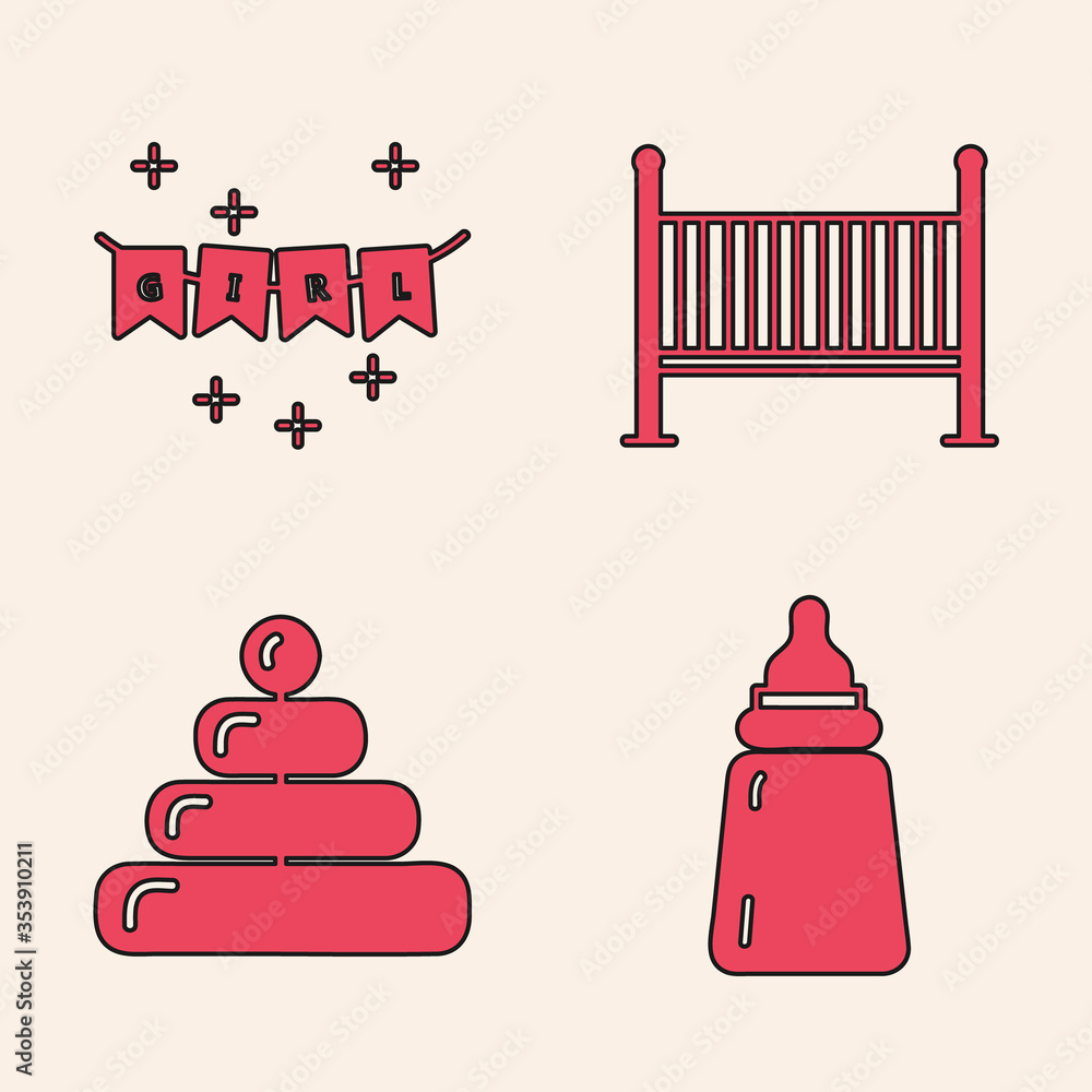 Wall mural Set Baby bottle, Carnival garland with flags, Baby crib cradle bed and Pyramid toy icon. Vector.