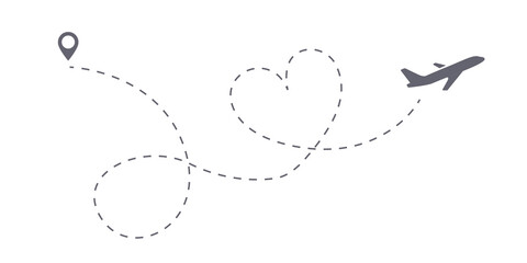 Love trip airplane route icon. Honeymoon Romantic travel symbol, heart dashed line trace. Simple hearted airplane path, flight air dotted love valentine day drawing isolated vector.
