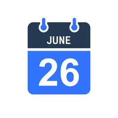 June 26 Calendar Date Icon, Event Date Icon, Calendar Date, Icon Design Vector Graphic
