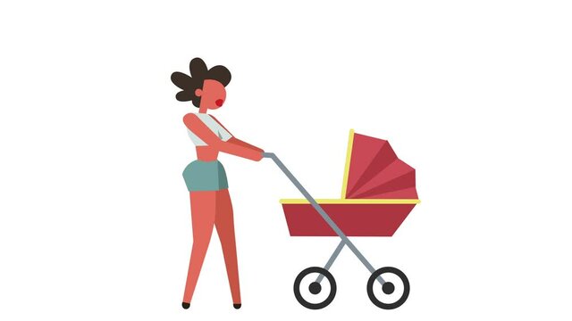 Stick Figure Color Pictogram Woman Girl Character Walk with Baby Carriage Cartoon Animation