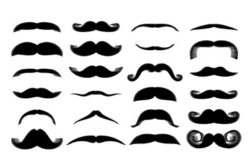 Set of mustaches isolated on white background. Black silhouette of adult man moustaches. Vector illustration