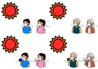 太陽の日差しと暑さで汗をたくさんかいて熱中症になりそうな人々