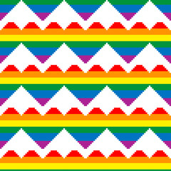 Seamless pattern with hearts in colors of LGBT flag. Pixel illustration. Colorful rainbow vector symbol of gay, lesbian, transgender love on a white background. Pride month concept