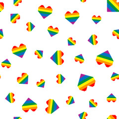 Seamless pattern with hearts in colors of LGBT flag. Pixel illustration. Colorful rainbow vector symbol of gay, lesbian, transgender love on a white background. Pride month concept