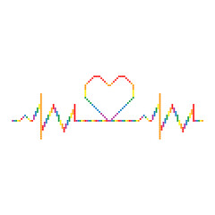 Pixel rainbow cardiogram with heart. Colorful vector symbol of gay lesbian, transgender love with rainbow lgbt flag. Pride month concept.