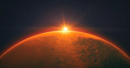 Obraz premium View of the planet Mars from space during a sunrise. 3d illustration 