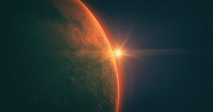 View of the planet Mars from space during a sunrise. 3d illustration
